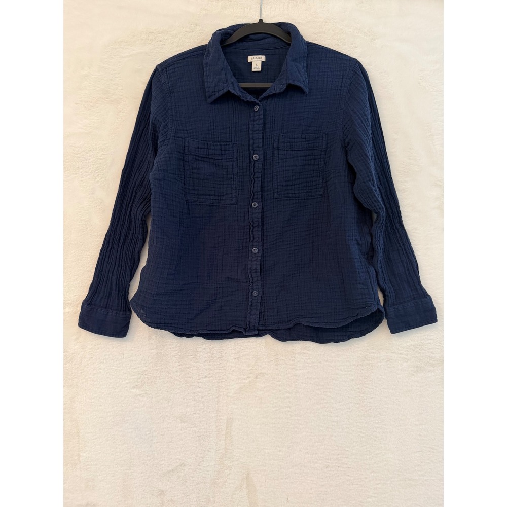LL Bean Cloud Gauze Cotton Shirt Womens L Petite Navy Blue Button Down 520301